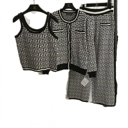 Women's Jacquard Knitted Three-piece Set High Waist Suits