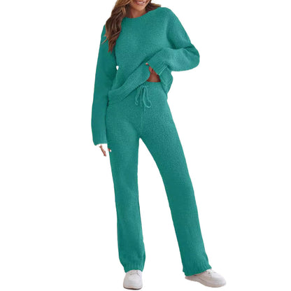 Women's Color Round Neck Long Sleeve Trousers Suits