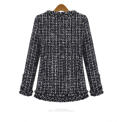 Women's Black White Lattice Pattern Tweed Coats