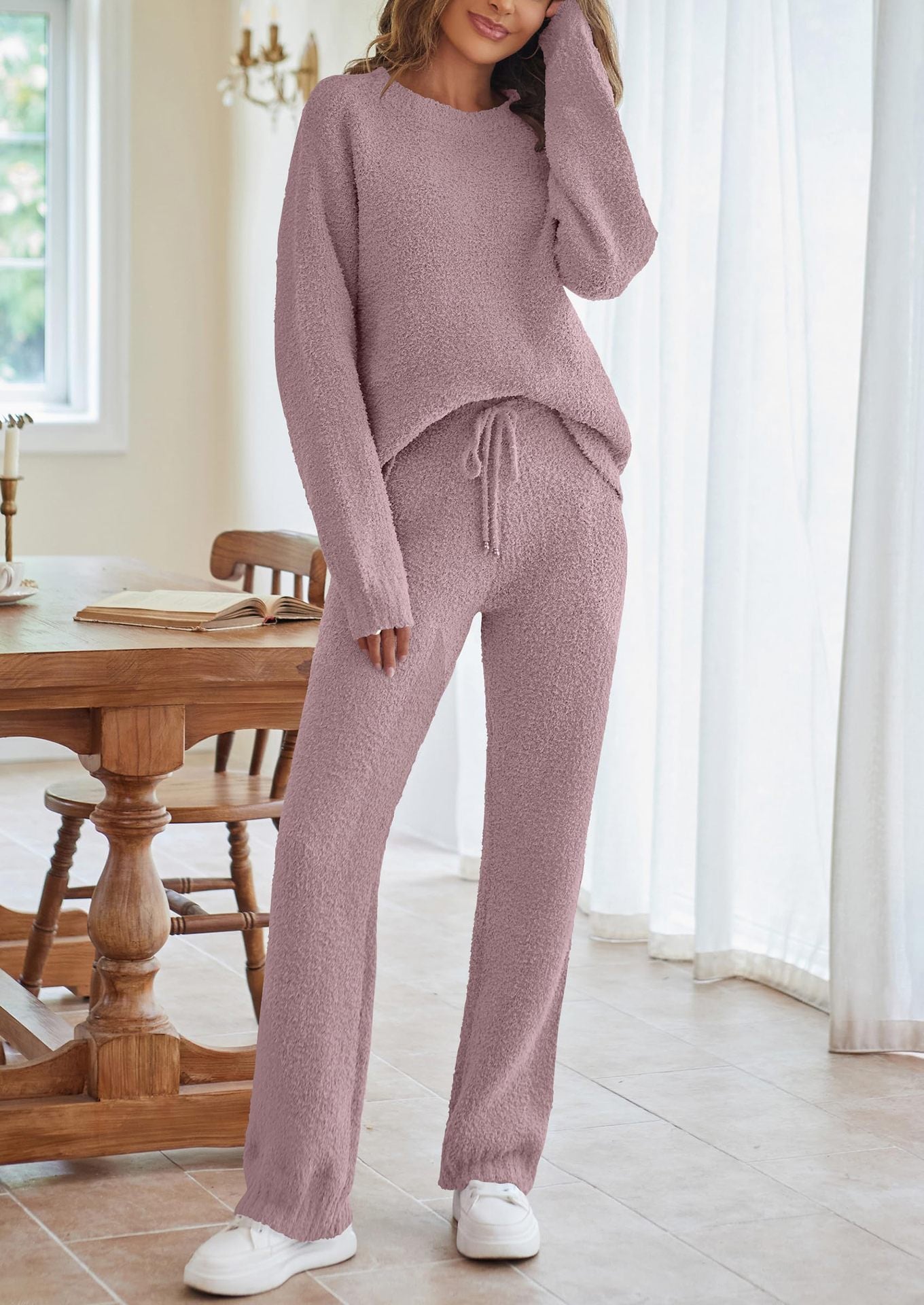 Women's Color Round Neck Long Sleeve Trousers Suits