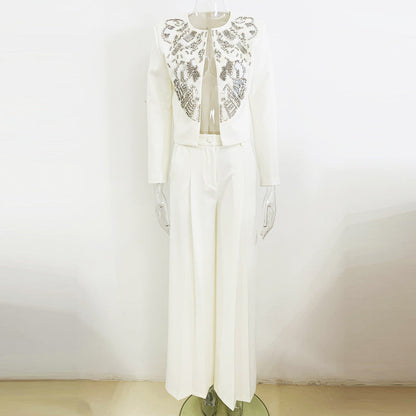 Fashion Round Neck Bead Wide Leg Suits