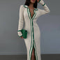 Women's Slim Fit Lapel Patchwork Long-sleeved Dress Dresses