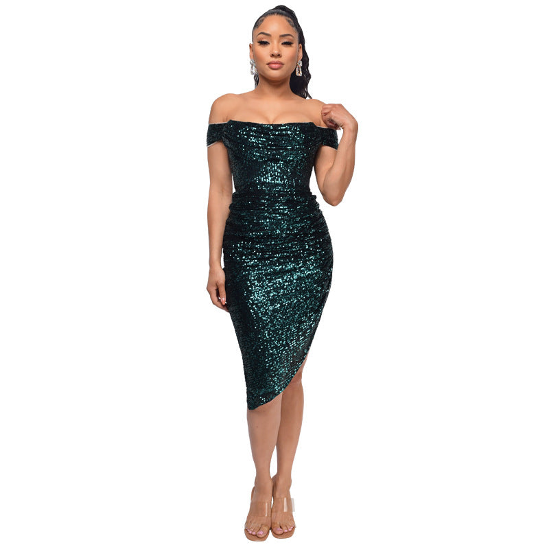 Women's French Style Pleated Sequined Split Elegant Dresses
