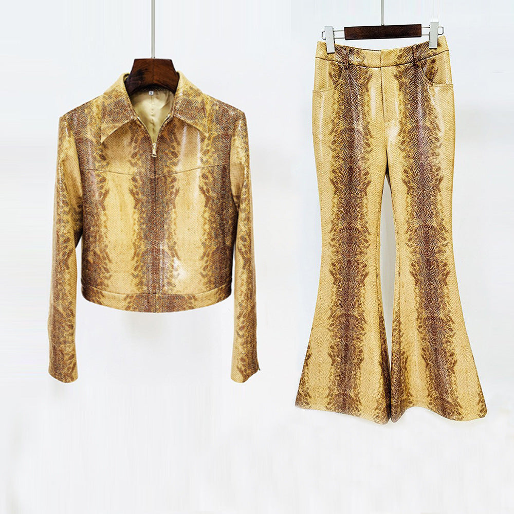 Cool Fashion Snakeskin Pattern Leather Flared Pants