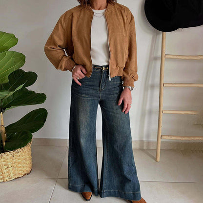 Women's Fashionable Suede Solid Color Zipper Commuter Jackets
