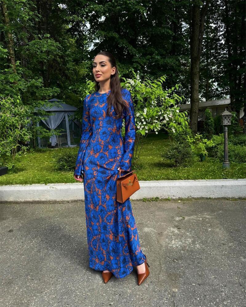 Fashionable Temperament Printed Long-sleeved Waist Dress Dresses