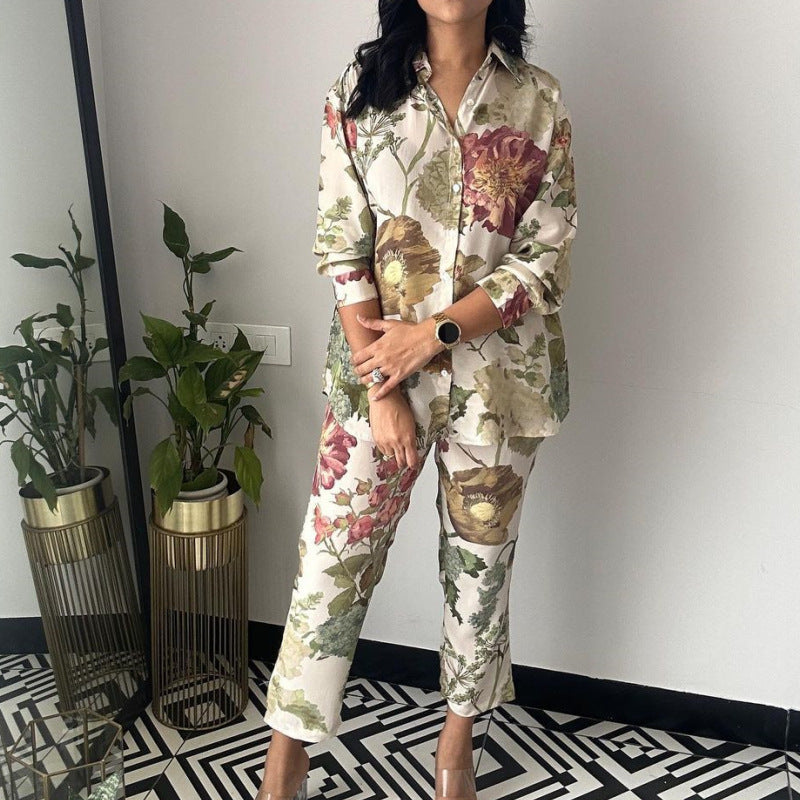 Women's Shirt Cropped Fashion Floral Printed Two-piece Suits