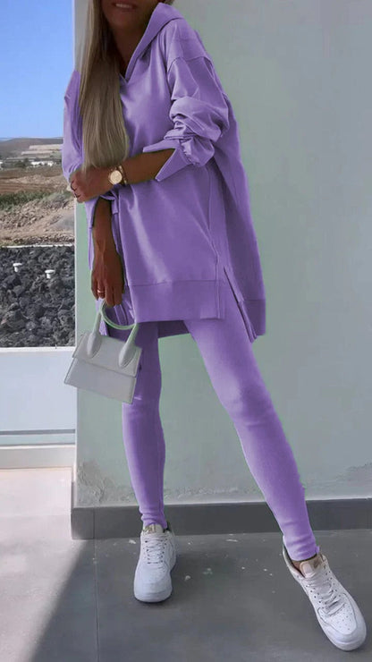 Women's Sports Casual Slit Hooded Tights Two-piece Suits