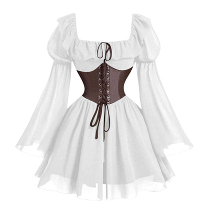 Medieval Puff Sleeve Dress Halloween Drawstring Skirts
