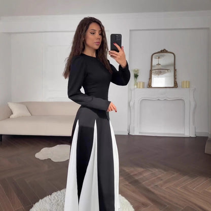 Women's Contrast Color Long Sleeve High Waist Dresses