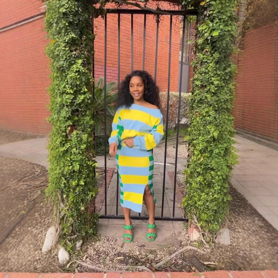 Women's Slouchy Unique Long-sleeved Striped Slit Suits