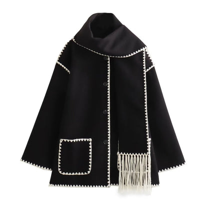 Women's French Fashion Single-breasted Tassel Scarf Stitching Coats