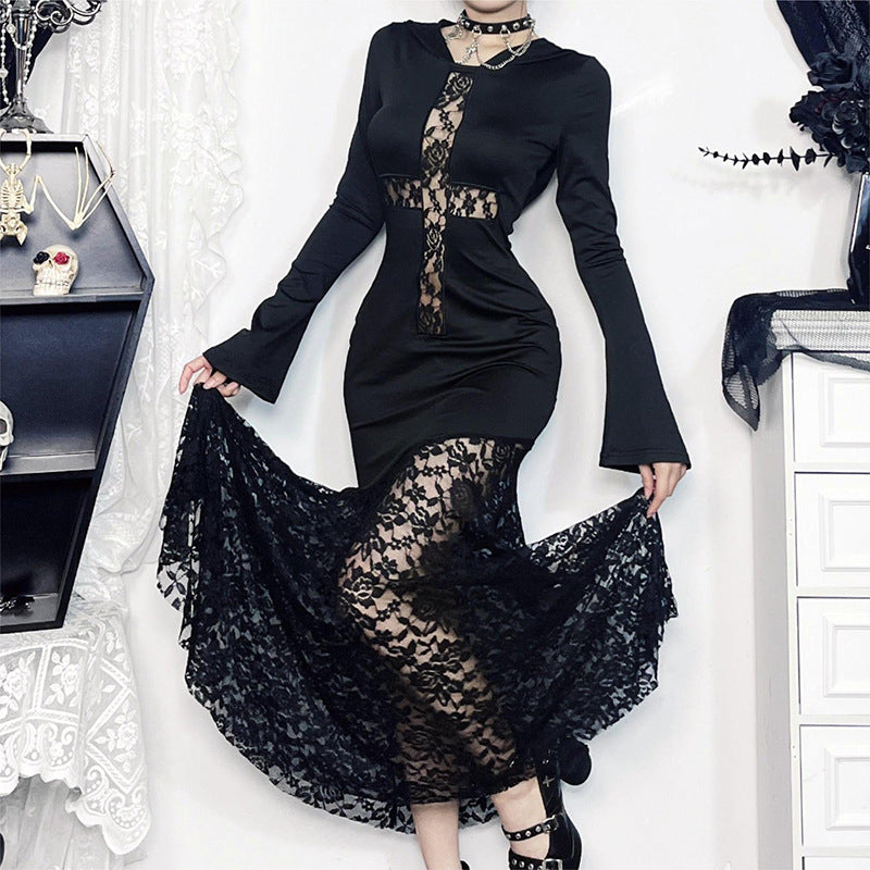 Women's Lace Cross Hollow Out Stitching Long Sleeve Dresses