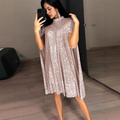Women's Sequined Small Stand Collar Summer Dress Dresses
