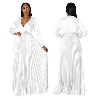 Women's Autumn Lantern Sleeve Pleated Dress Long Dresses