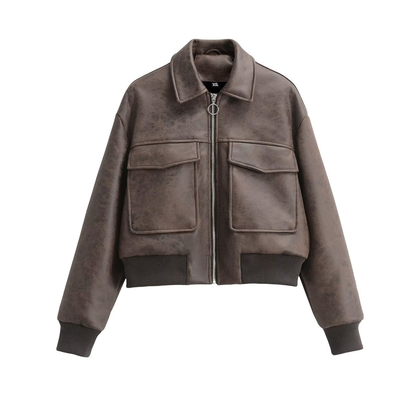Women's Fashion Simple Faux Leather Large Mouth Pocket Decoration Jackets
