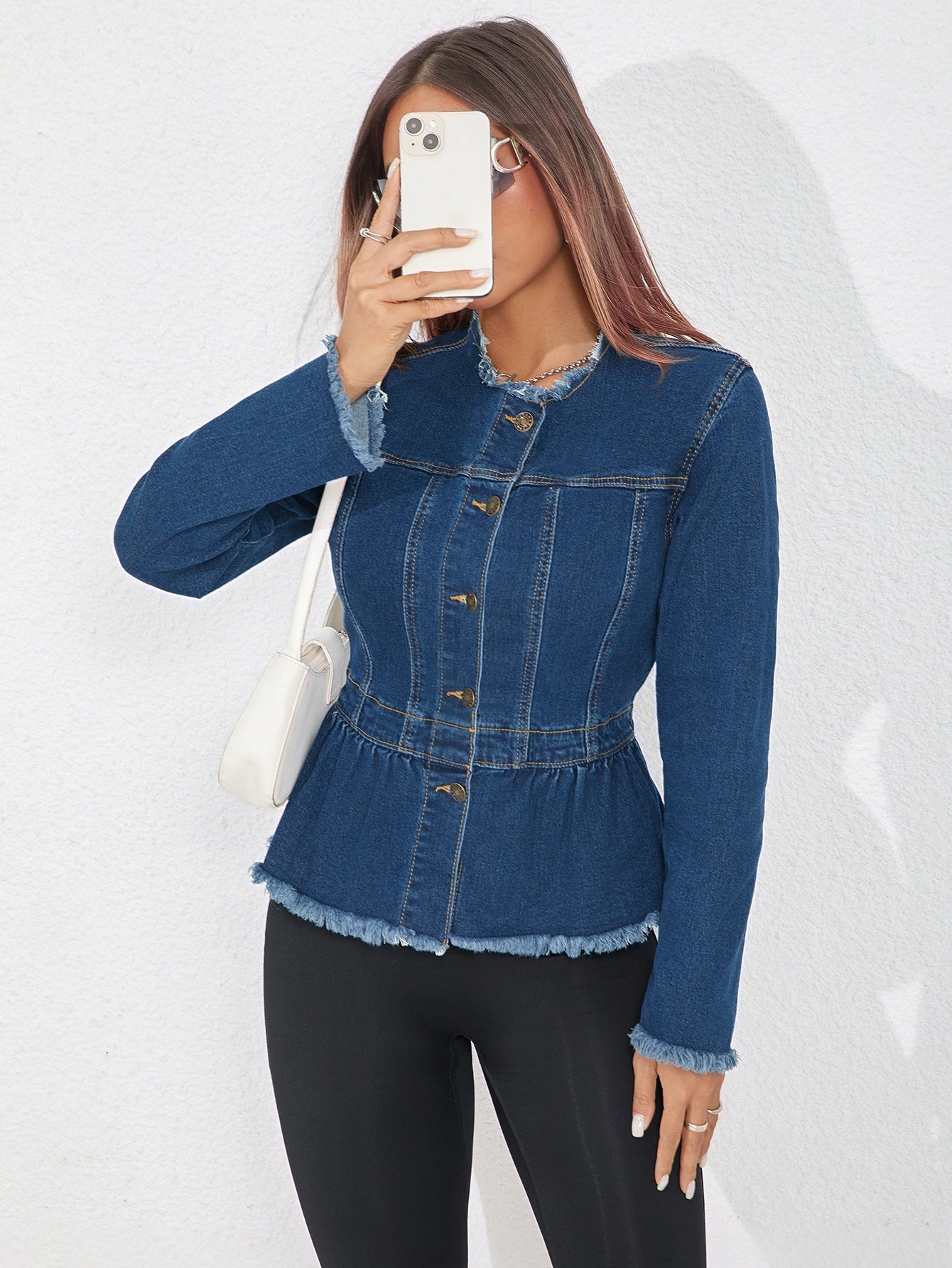 Women's Style Collarless Denim Umbrella-shaped Frayed Hem Jackets