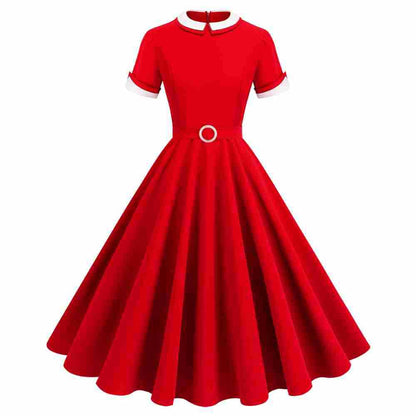 Retro Hepburn Style Contrast Color Double Collar Temperament Dresses