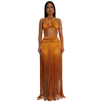 Women's Fashion Wear Sexy Shoulder Strap Tassel Dress Suits