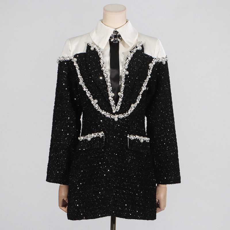 Women's Style High-grade Lapel Beaded Sequins Slim Fit Dresses