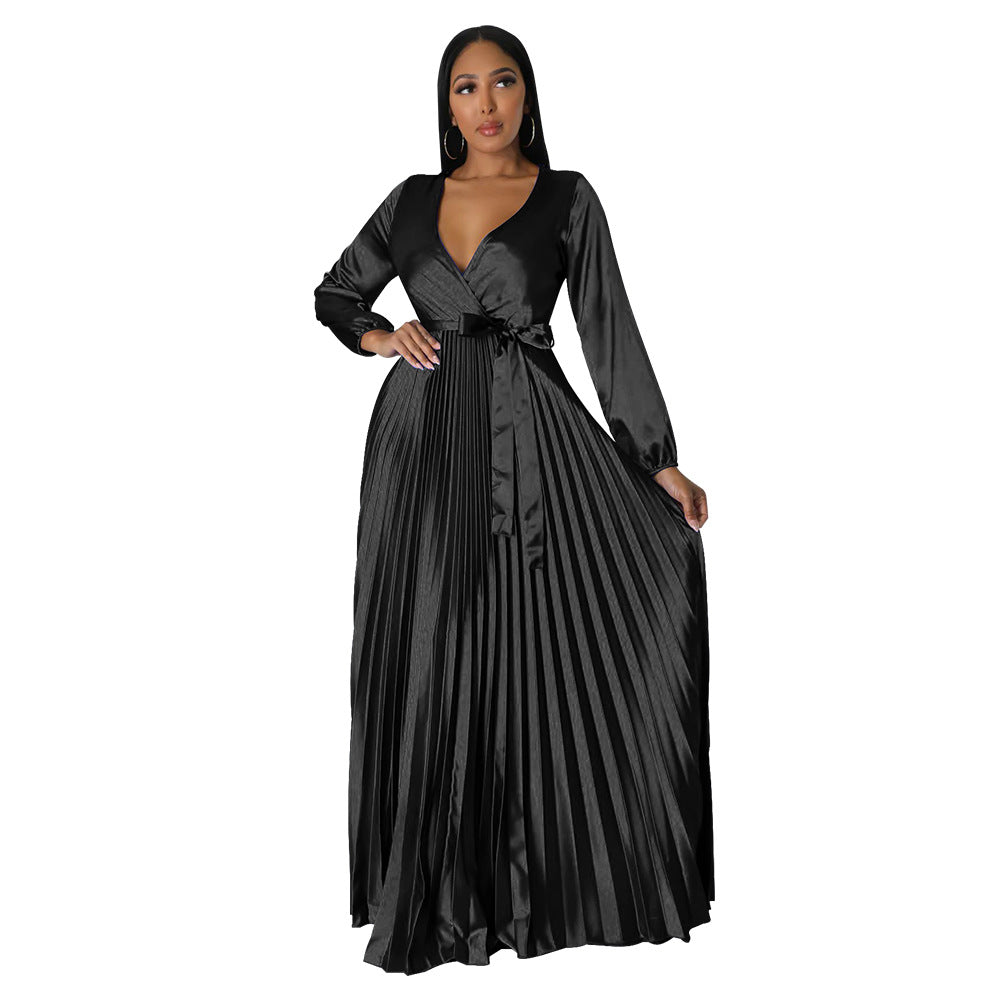 Women's Autumn Lantern Sleeve Pleated Dress Long Dresses