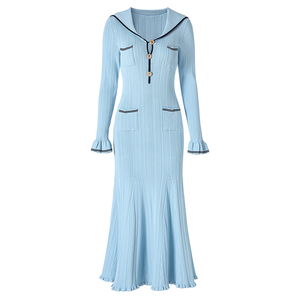 Sailor Collar Bell Sleeve Long Knitted Dress Golden Dresses
