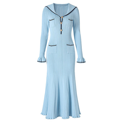 Sailor Collar Bell Sleeve Long Knitted Dress Golden Dresses