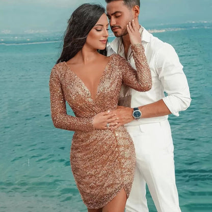 Women's Sexy Deep V Long Sleeve Slim Dresses