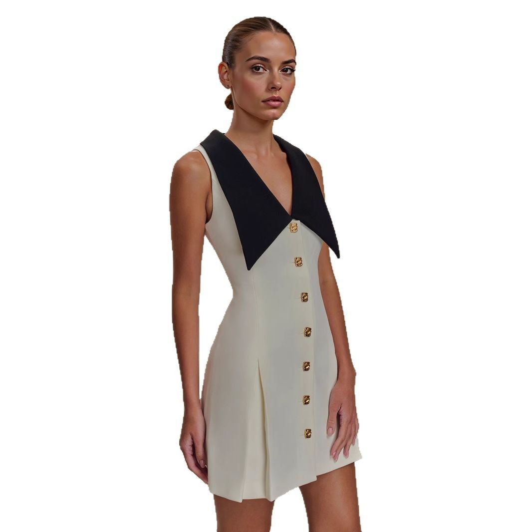 Metal Buckle Sleeveless Temperament Slimming Tuxedo Dresses