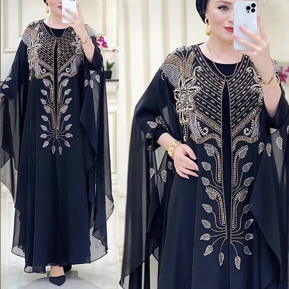Women's African Dress Chiffon Rhinestone Robe Muslim Dresses
