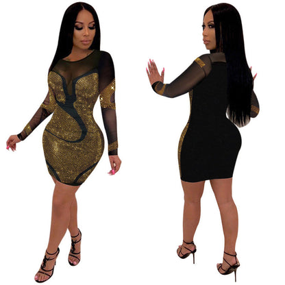 Sexy Rhinestone Long Sleeve Slim Dress Dresses