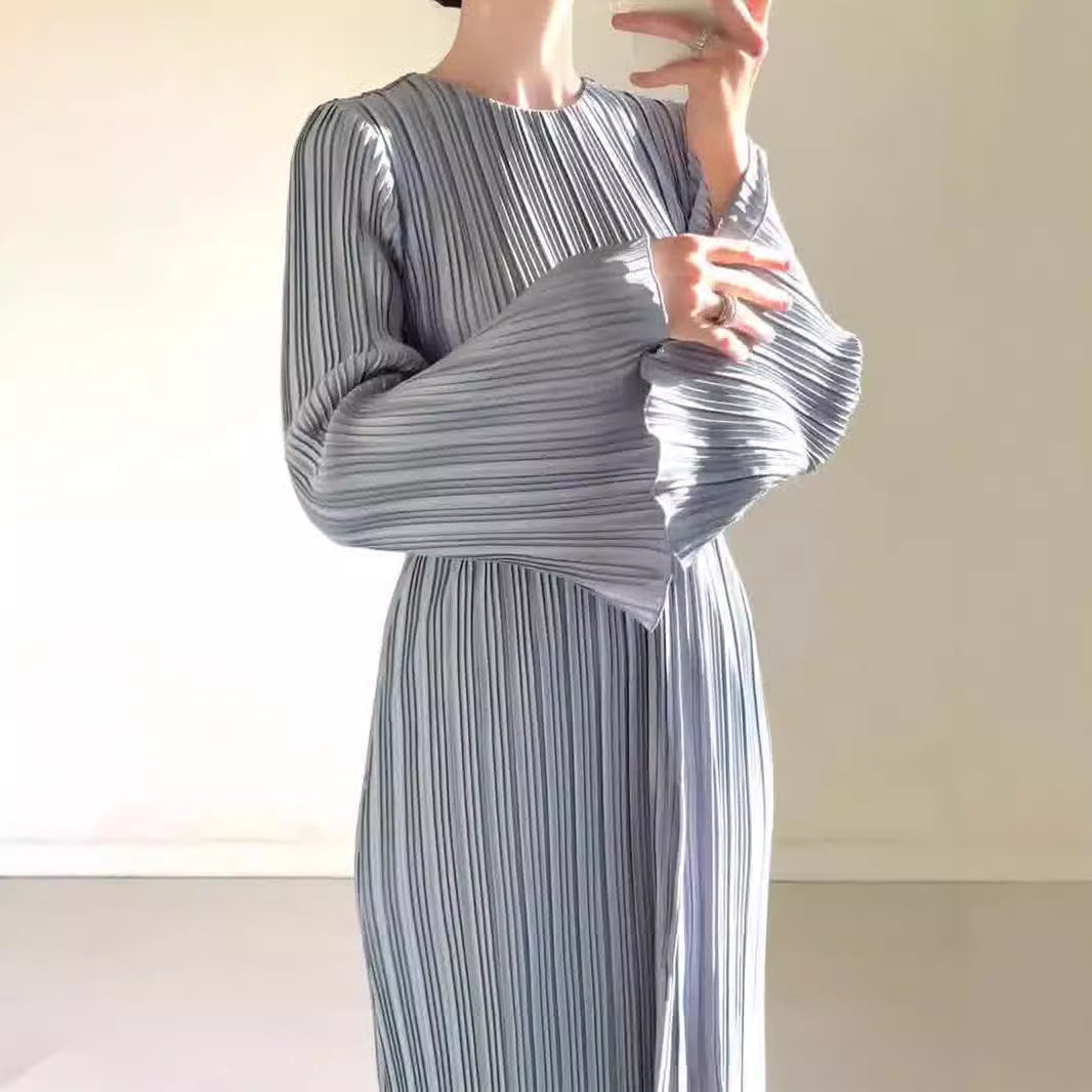Women's Autumn Dress Elegant Pleated Bell Sleeve Dresses