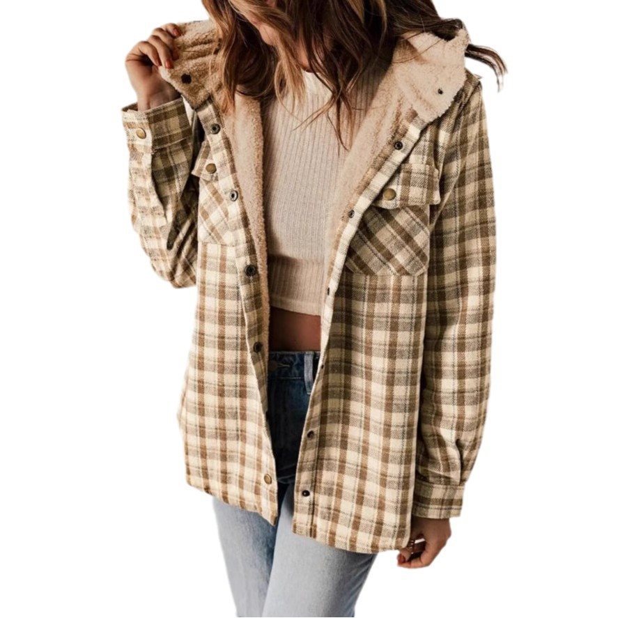 Women's Plaid Long Sleeve Furry Hooded With Jackets