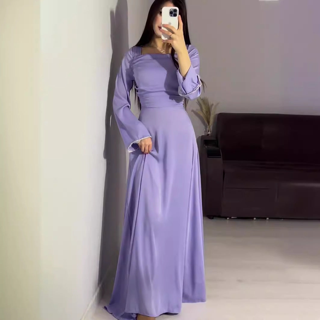 Spring Diamond Studded Hand Ribbon Design Long Sleeve Satin Dresses
