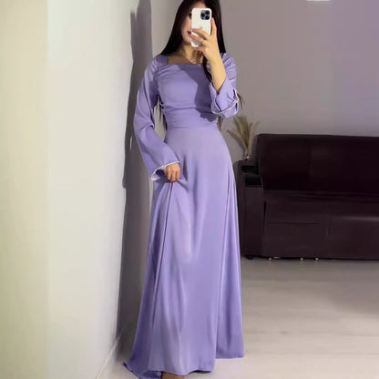 Spring Diamond Studded Hand Ribbon Design Long Sleeve Satin Dresses