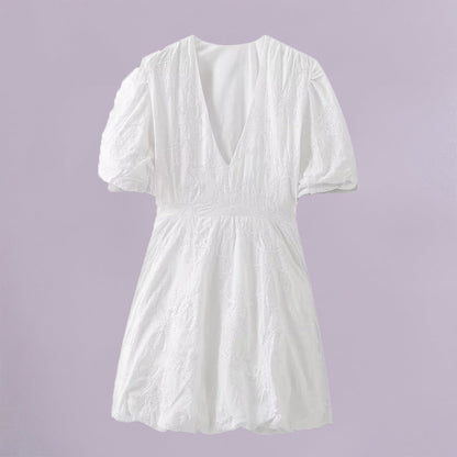 Women's Summer White Embroidery Puff Sleeves Mini Dresses