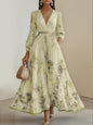 Women's Digital Printed Collar Long Sleeve Pleated Dresses