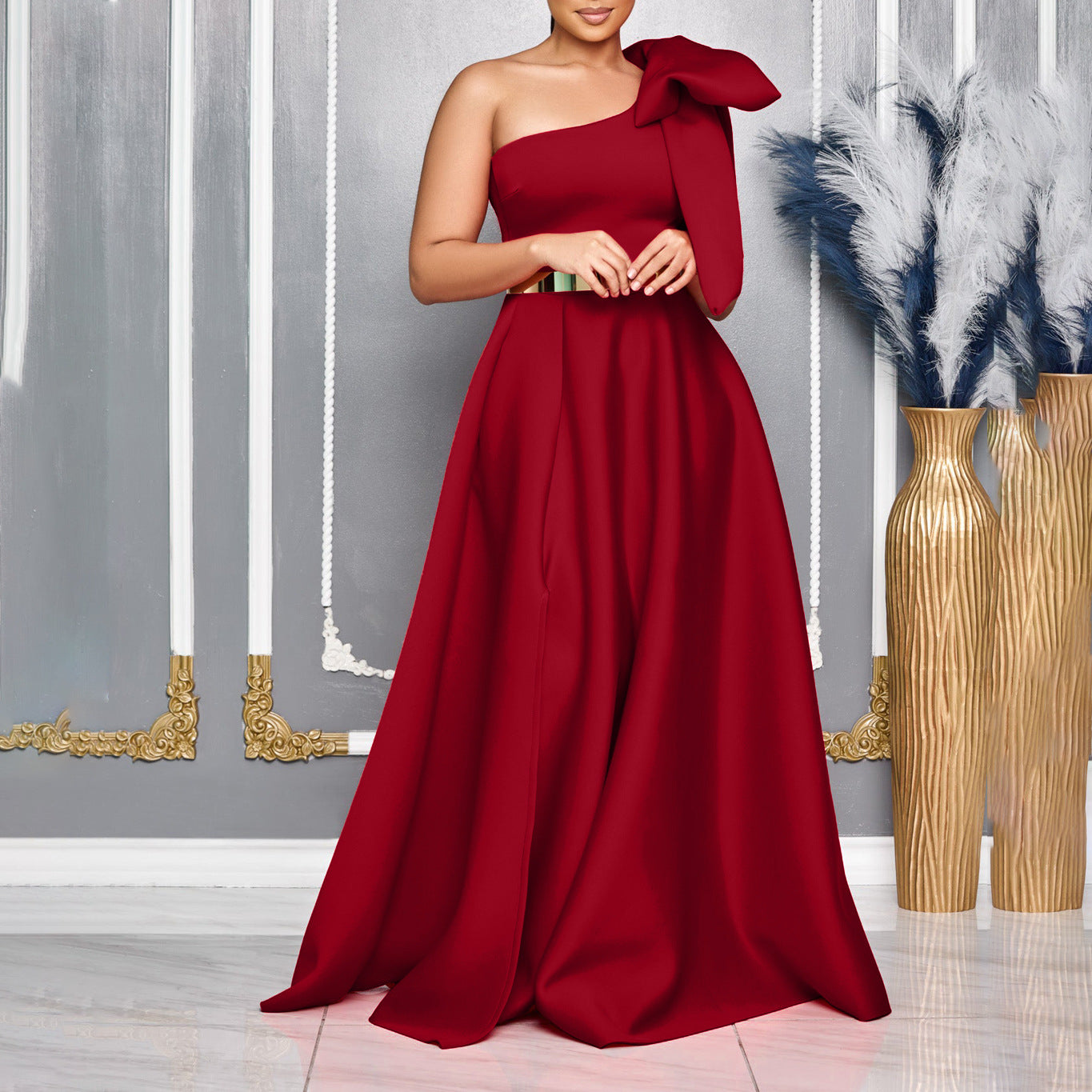 Graceful Fashionable Oblique Shoulder Bow Banquet Dresses