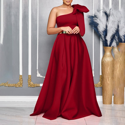 Graceful Fashionable Oblique Shoulder Bow Banquet Dresses