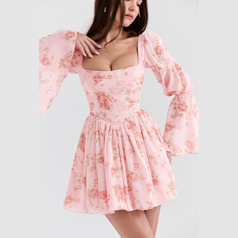 Women's Slim Rose Printed Long Sleeve A- Dresses