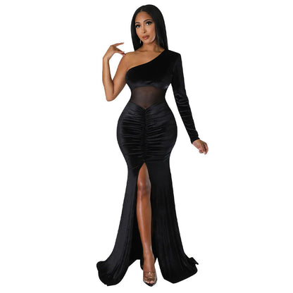 Women's Diagonal Collar Fold Split Solid Color Dresses