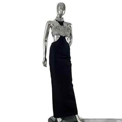 Women's Ball Diamond Halter Sleeveless Black Bandage Slim Dresses