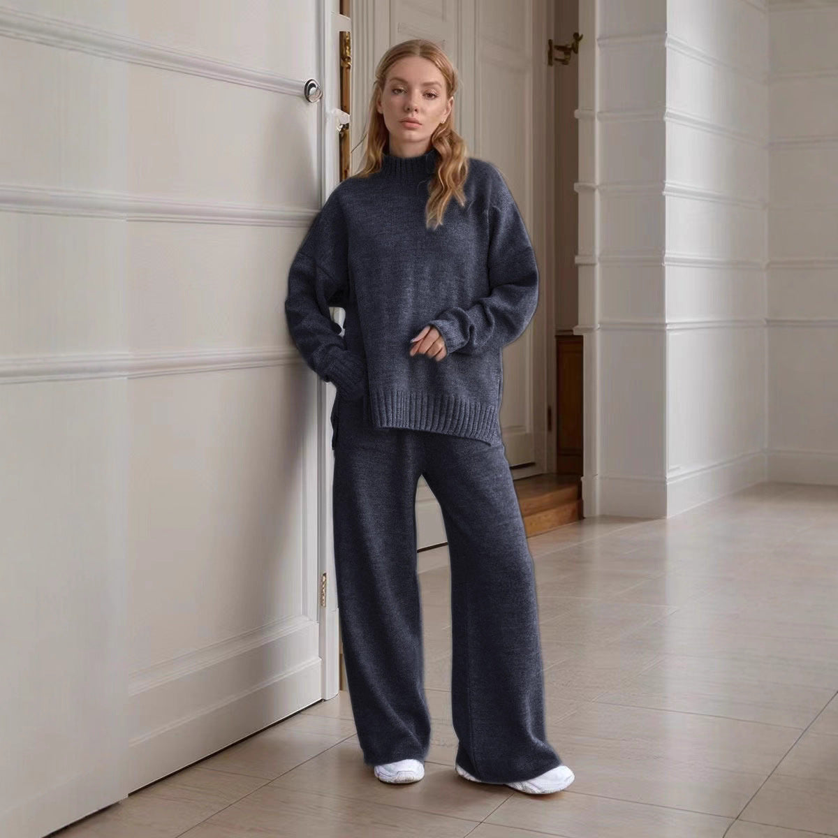 Women's Knitted Turtleneck Loose Long Sleeve Trousers Suits