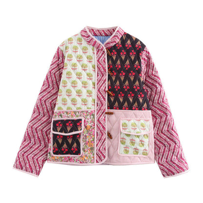 Women's Thickening Print Block Horn Button Printed Coats