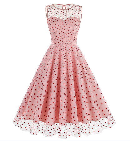 Round Neck Sleeveless Valentine's Day Mesh Embroidered Cherry Dresses