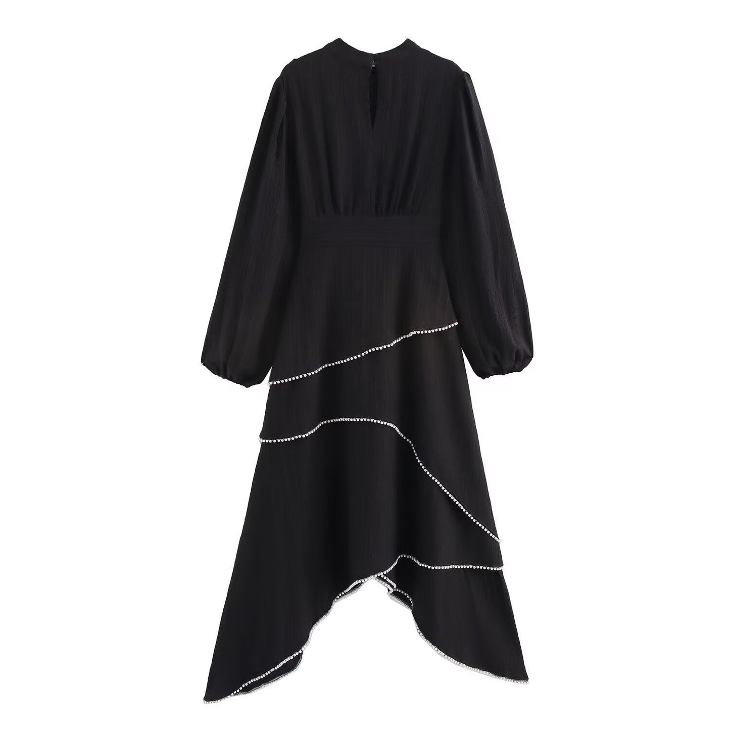 Women's Spring Black Long Sleeve Irregular Pearl Dresses