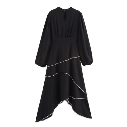 Women's Spring Black Long Sleeve Irregular Pearl Dresses