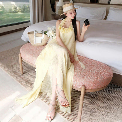 Women's Halter Elegant Slim Three-dimensional Flower Beach Dresses