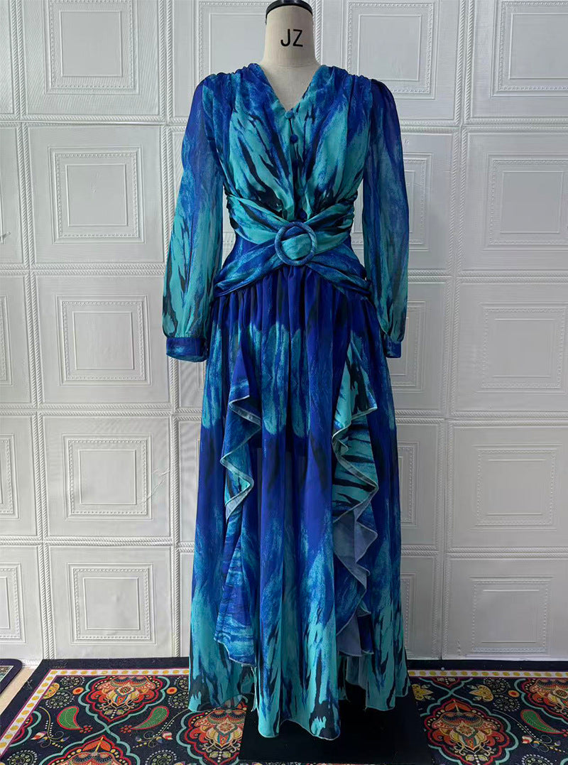 Vintage Fashion Print Long Sleeve Elegant Dresses