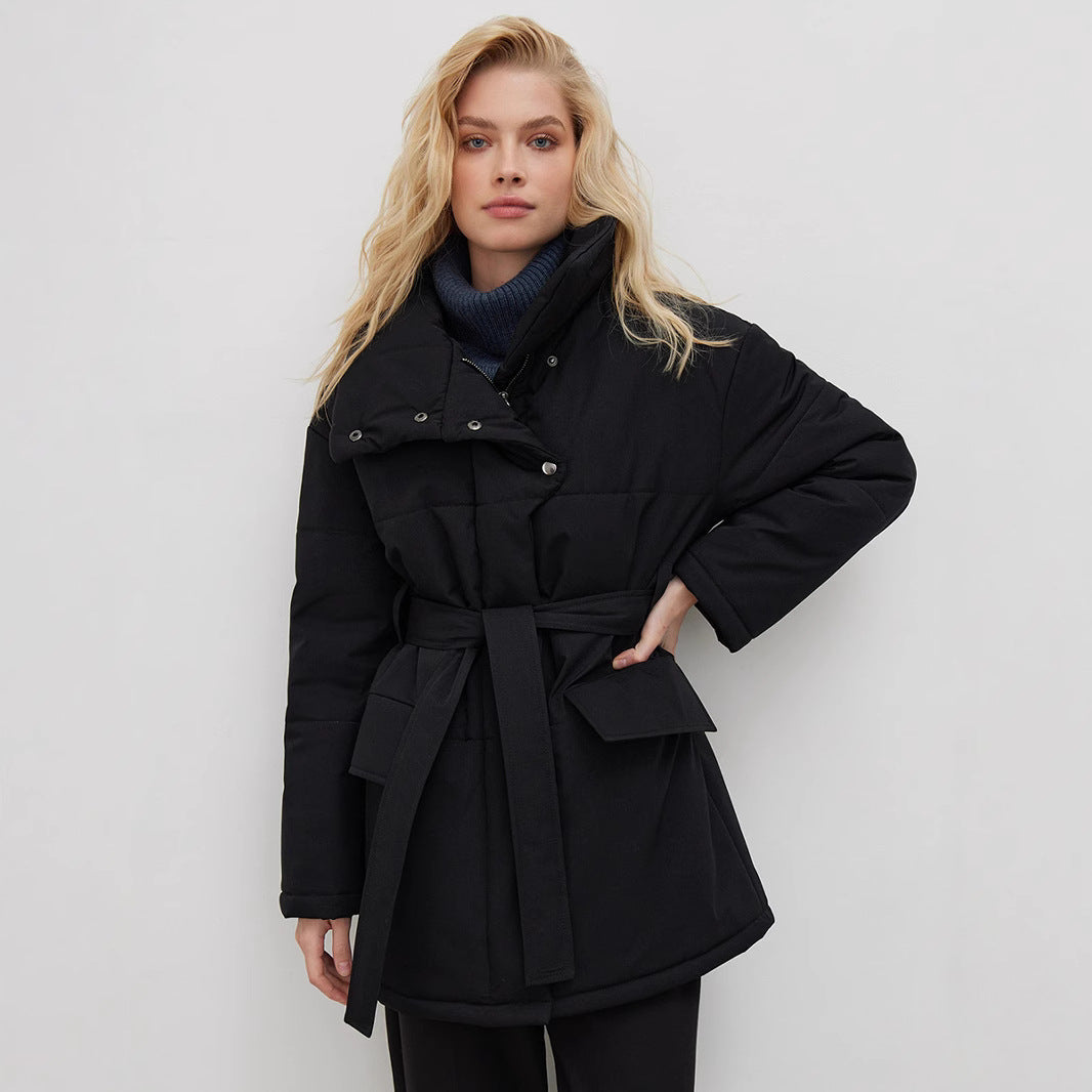 Stand-up Collar Temperament Belt Irregular Mid-length Coats